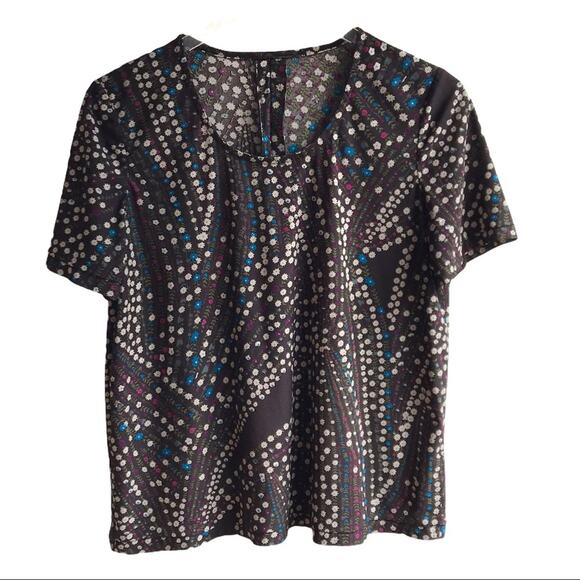 Brown Ditsy Floral Mesh Top Size M Print Short Sleeves Y2K '90s Boho Festival - Picture 1 of 8